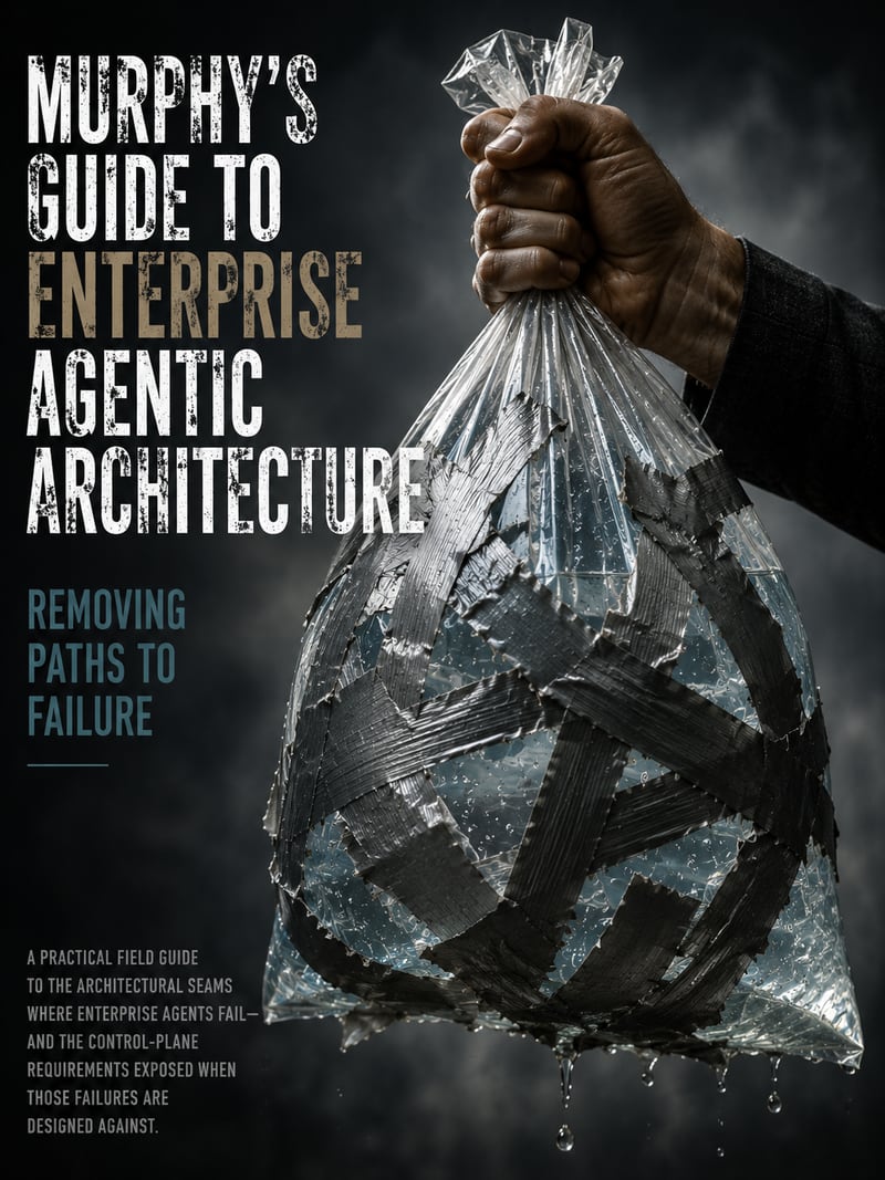 Cover of Murphy’s Guide to Enterprise Agentic Architecture: a fist holding a clear bag of water patched all over with duct tape, still dripping.